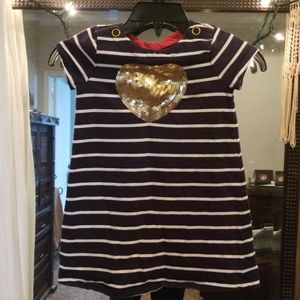 Cute navy and white striped dress with gold heart